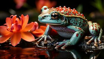 AI generated Cute toad sitting on wet leaf, looking at camera generated by AI photo