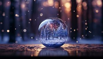 AI generated Shiny snow globe reflects winter beauty in a glass ball generated by AI photo