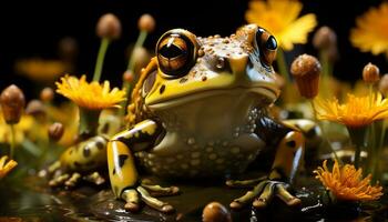 AI generated A cute toad sitting on a wet leaf, looking at camera generated by AI photo