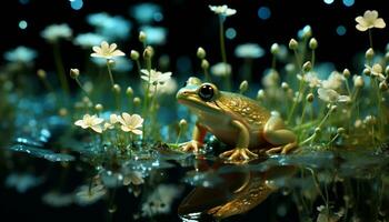 AI generated A cute toad sitting on a wet leaf in nature generated by AI photo