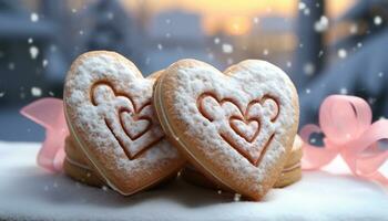 AI generated Homemade gingerbread heart, sweet symbol of winter love generated by AI photo