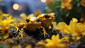AI generated Cute yellow toad sitting on leaf, looking at camera generated by AI photo