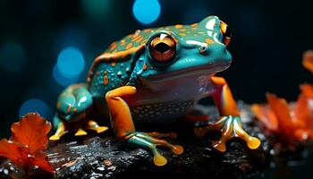 AI generated A cute toad sitting on a wet leaf in the forest generated by AI photo