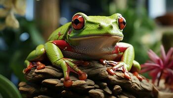 AI generated Cute red eyed tree frog sitting on wet branch, looking curious generated by AI photo