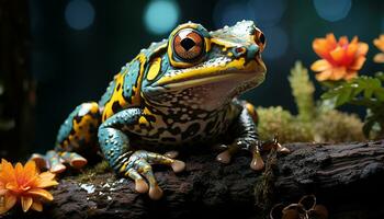 AI generated Cute yellow toad sitting on wet leaf in tropical forest generated by AI photo