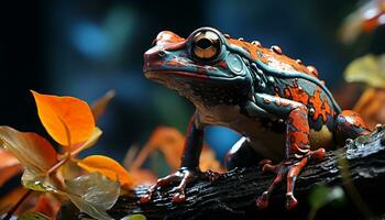 AI generated Cute toad sitting on wet leaf in tropical rainforest generated by AI photo