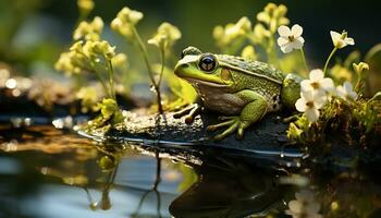 AI generated A cute toad sitting on a wet leaf in the forest generated by AI photo