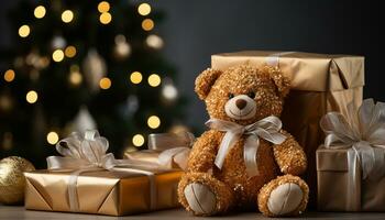 AI generated A cute teddy bear wrapped in shiny gold wrapping paper generated by AI photo