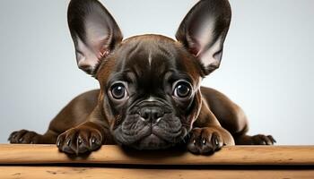 AI generated Cute French bulldog puppy sitting, looking at camera, indoors generated by AI photo