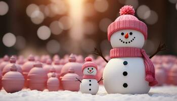 ai generado invierno celebracion monigote de nieve sonrisas, divertido al aire libre, linda copo de nieve decoraciones generado por ai foto