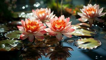 AI generated A beautiful lotus flower blossoms in a tranquil pond generated by AI photo