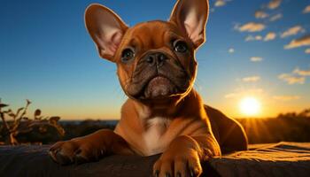 AI generated Cute French bulldog sitting, looking at sunset, playful and fun generated by AI photo