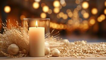 ai generado brillante vela ilumina mesa, creando acogedor Navidad decoración generado por ai foto