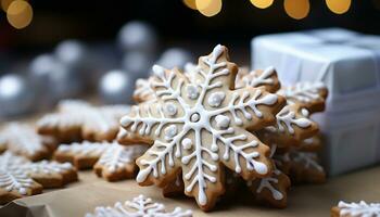 ai generado hecho en casa pan de jengibre galletas Decorar invierno mesa, dulce indulgencia generado por ai foto