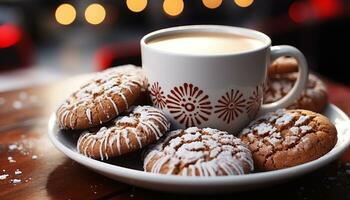 AI generated Homemade chocolate chip cookies on rustic table, hot drink generated by AI photo