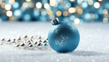 ai generado brillante Navidad ornamento brillante en vibrante azul invierno antecedentes generado por ai foto