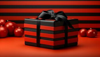 AI generated Celebration event gift box, wrapped in shiny red wrapping paper generated by AI photo