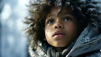 ai generado un linda niño sonriente al aire libre en invierno, mirando a cámara generado por ai foto