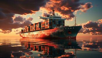 AI generated Container ship sailing at sunset, delivering cargo to commercial dock generated by AI photo