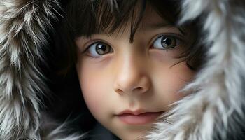 ai generado linda niño sonriente, mirando a cámara, en invierno nieve generado por ai foto