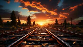 ai generado puesta de sol terminado ferrocarril pista, naturaleza belleza desvanecimiento dentro el horizonte generado por ai foto