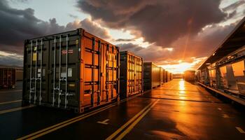 AI generated Shipping container stack delivering freight transportation at sunset generated by AI photo