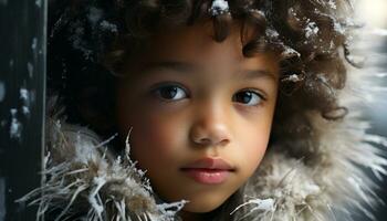 ai generado linda niño sonriente, mirando a cámara, al aire libre en invierno generado por ai foto