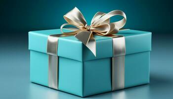 AI generated A shiny blue gift box, wrapped with love and celebration generated by AI photo
