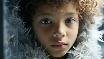 AI generated Cute Caucasian child looking at camera, smiling in winter generated by AI photo