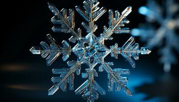 AI generated Winter snowflake decoration on dark background, glowing and shining generated by AI photo