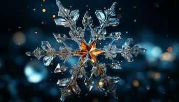 AI generated Snowflake decoration glowing in dark winter night, frosty celebration generated by AI photo