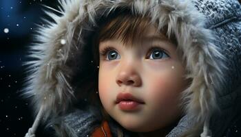 ai generado linda niño sonriente, al aire libre en invierno, vistiendo calentar ropa generado por ai foto