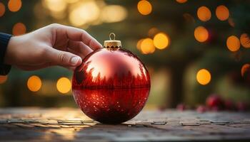 AI generated Hand holding glowing Christmas ornament, decorating vibrant Christmas tree generated by AI photo
