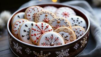 ai generado hecho en casa chocolate galletas en rústico madera mesa, invierno celebracion generado por ai foto