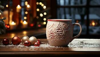 AI generated Rustic wood table, illuminated Christmas tree, cozy candlelight, hot chocolate generated by AI photo