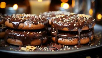 AI generated Stack of homemade dark chocolate donuts on rustic wooden table generated by AI photo