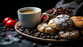 ai generado recién horneado chocolate chip galletas en un rústico de madera mesa generado por ai foto