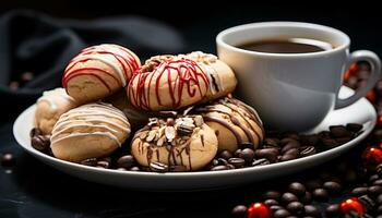 AI generated Homemade gourmet dessert dark chocolate cookie with coffee drink generated by AI photo