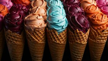 AI generated Gourmet ice cream cones, a sweet summer indulgence in various flavors generated by AI photo
