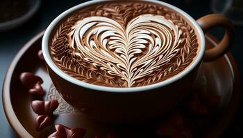 AI generated Freshly brewed coffee, a frothy cappuccino, a heart shaped latte generated by AI photo