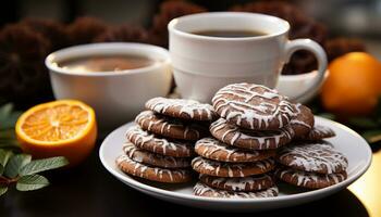 AI generated Homemade chocolate chip cookies on rustic table, coffee mug nearby generated by AI photo