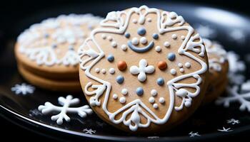 ai generado hecho en casa pan de jengibre galletas, decorado con Formación de hielo, en festivo plato generado por ai foto