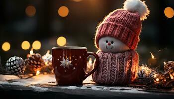 AI generated Cozy winter night hot chocolate, smiling snowman, glowing candle generated by AI photo