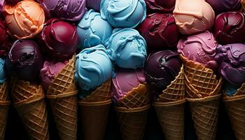 AI generated A colorful collection of ice cream cones, a sweet indulgence generated by AI photo