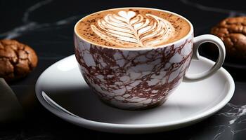 AI generated A frothy cappuccino on a wooden table, a coffee lover delight generated by AI photo