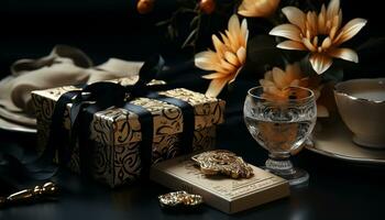 AI generated Luxury gift box gold decoration, chocolate, jewelry, flower, elegance generated by AI photo