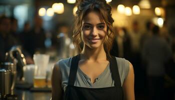 AI generated Young woman standing indoors at a coffee shop, smiling confidently generated by AI photo