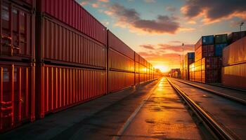 AI generated Container ship delivering freight at dusk to a commercial dock generated by AI photo