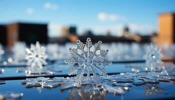 AI generated Winter night snowflakes reflect on frozen cityscape, illuminating blue decorations generated by AI photo