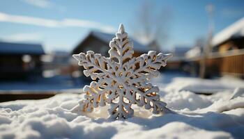 AI generated Winter snowflake decoration on window, symbolizing Christmas celebration generated by AI photo